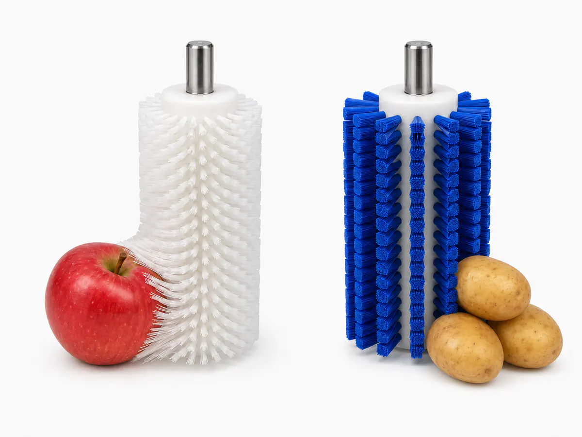 Food processing roller brushes showing different filament diameter and stiffness directions