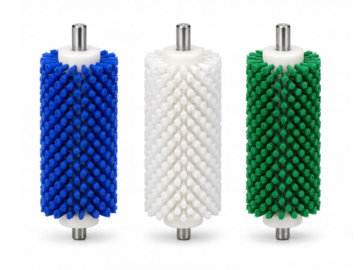 Food-contact brush material options shown as blue, white, and green synthetic roller brushes