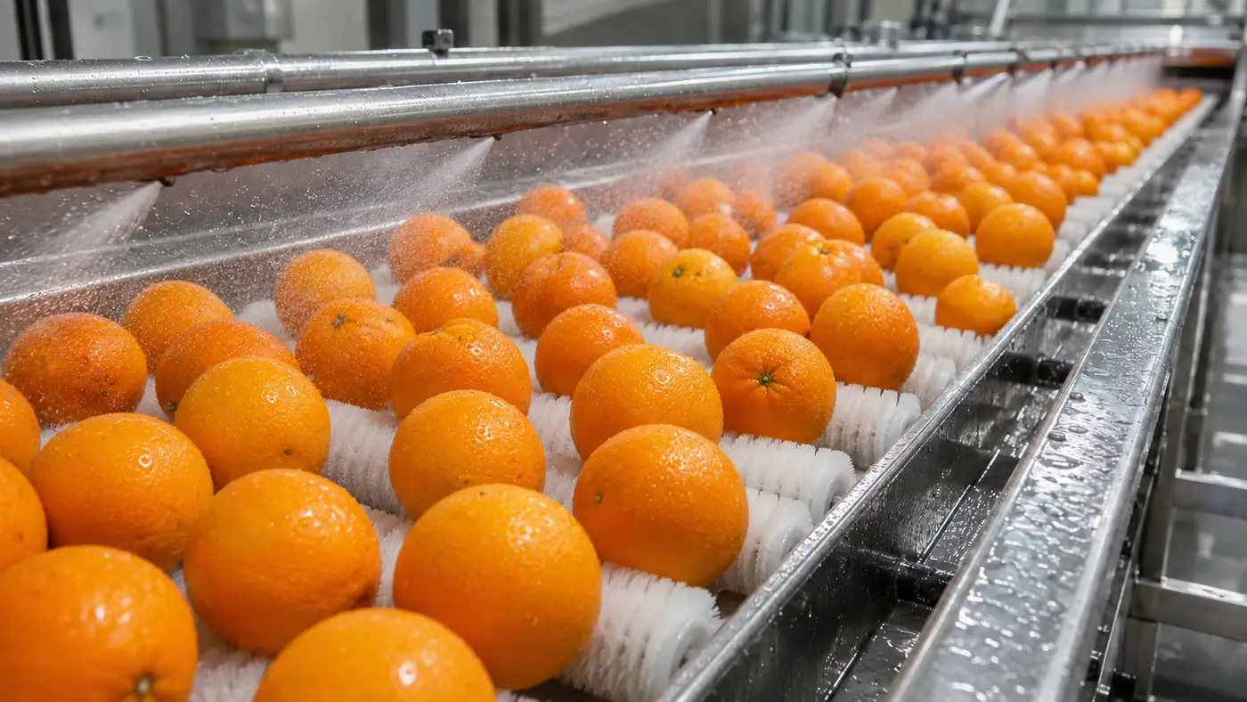 Food processing conveyor with brushes used around washing and handling equipment