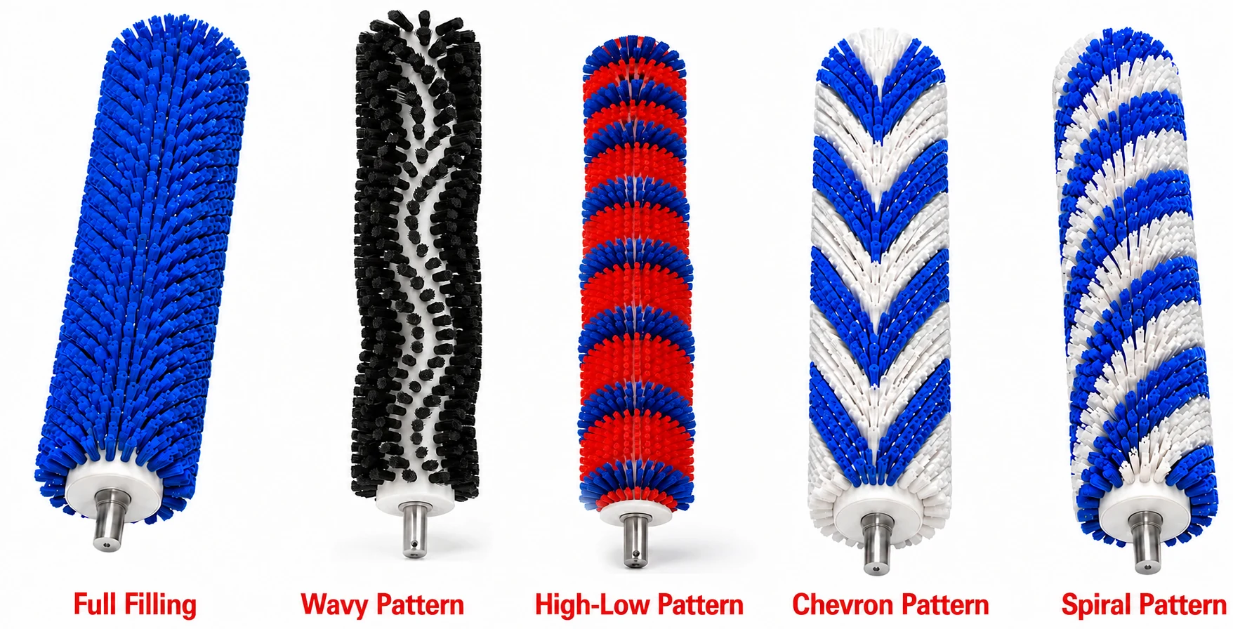Food roller brushes showing full, wavy, high-low, chevron, and spiral fill patterns