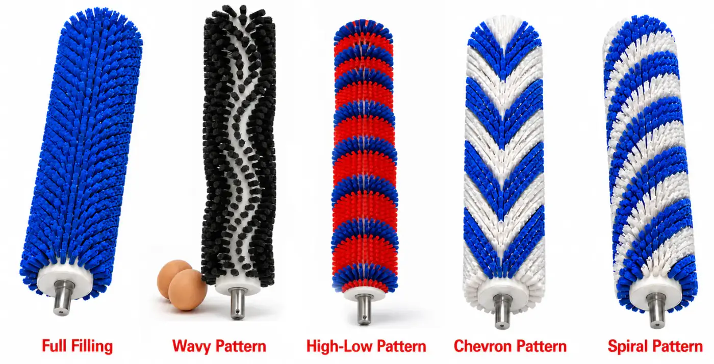 Food roller brush filling pattern options including full, wavy, high-low, chevron, and spiral patterns