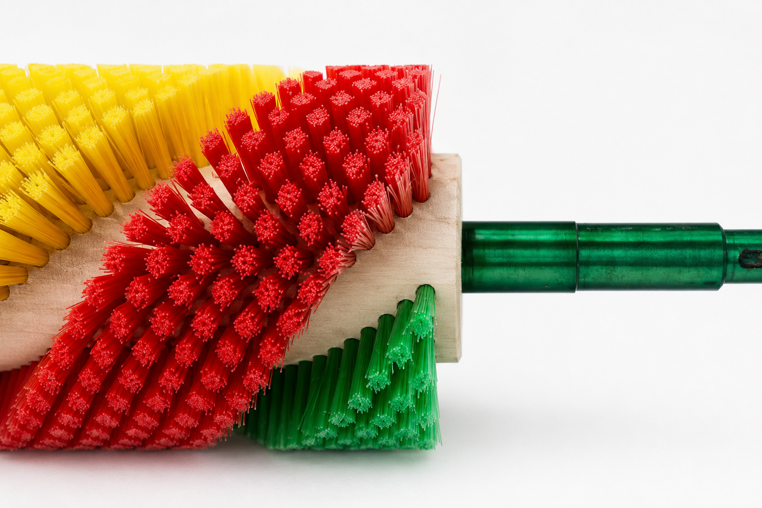 Close-up of a fruit grading roller brush with a yellow brush face