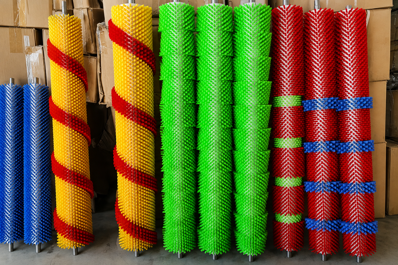 Custom roller brushes in multiple colors and patterns for fruit and vegetable processing equipment
