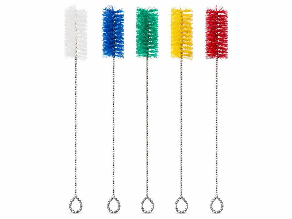 Color coded hygienic pipe and tube cleaning brushes for food processing sanitation