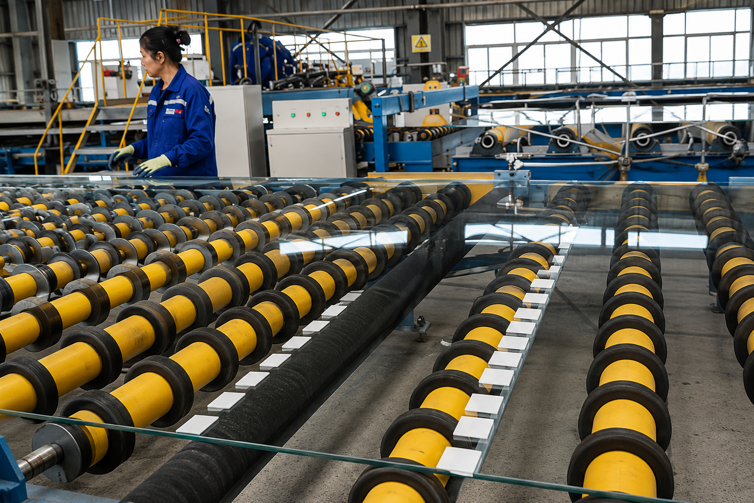 Rubber-covered conveyor rollers for a glass cooling and transfer line