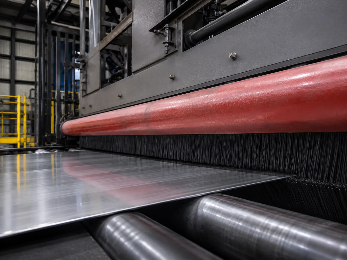 Sheet metal surface wiping and guiding with a strip brush