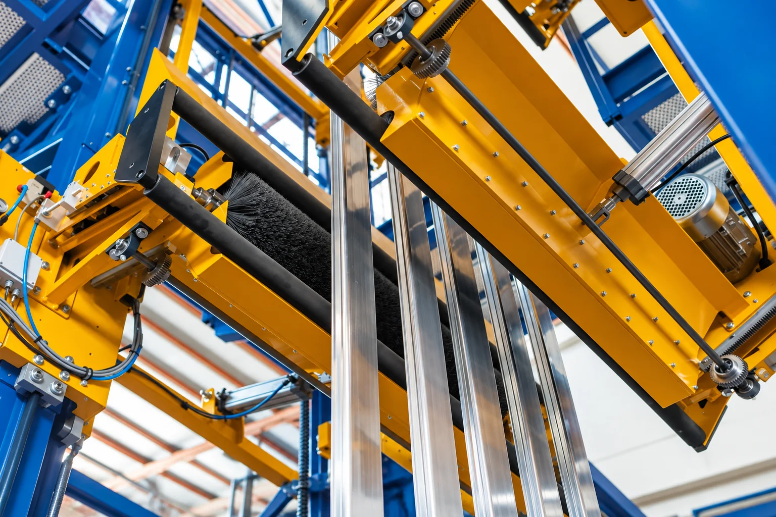 SiC abrasive brush roll contacting aluminum profiles in a coating line