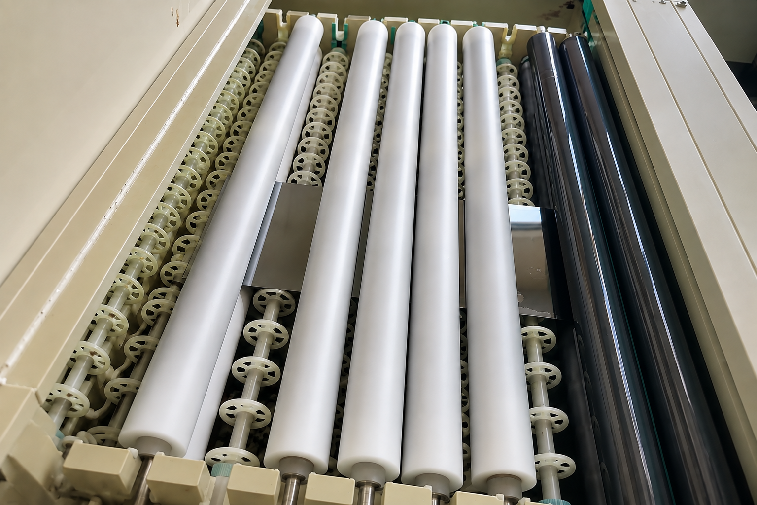 Industrial sponge rollers removing moisture from steel sheet after wet processing