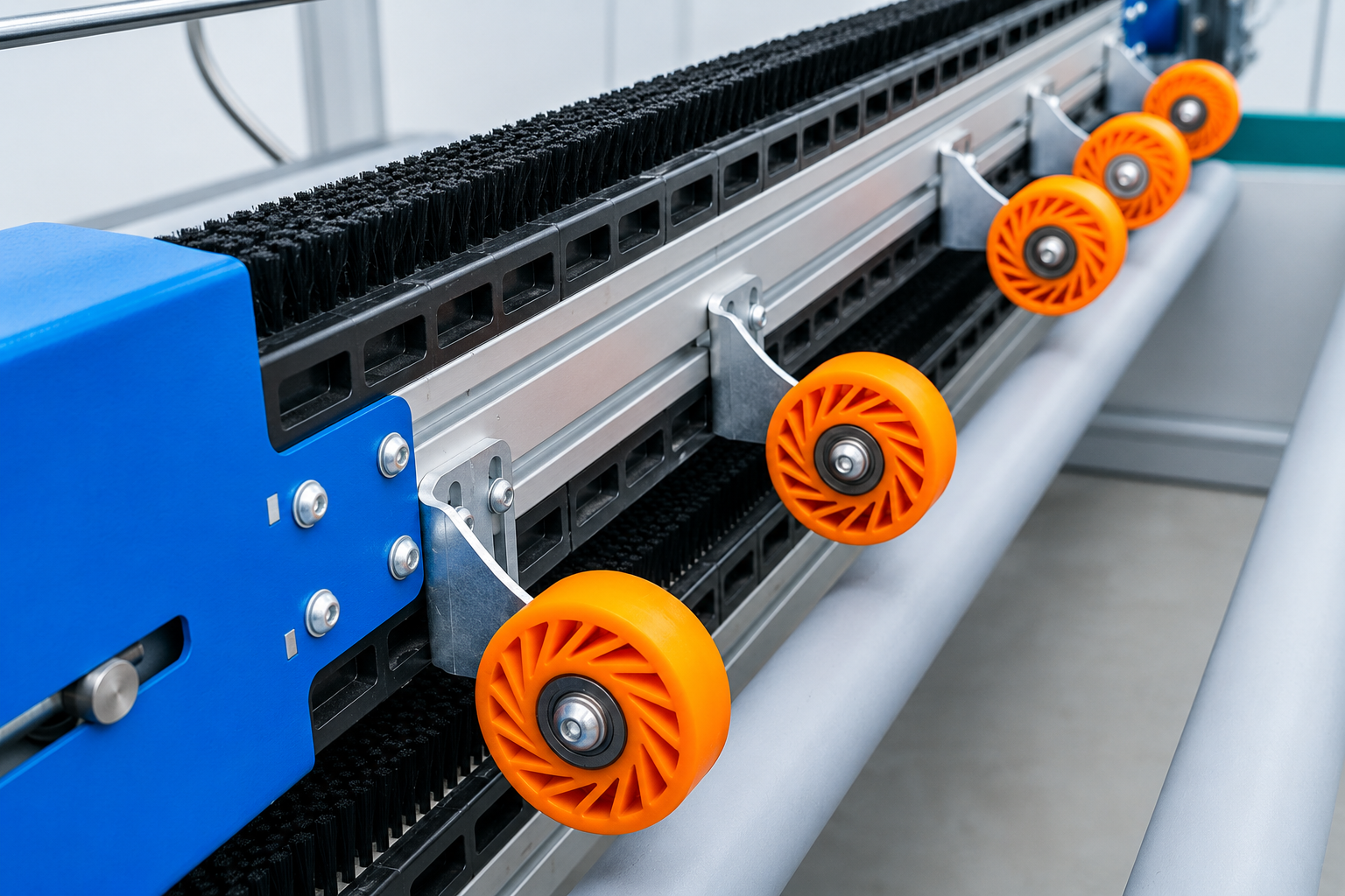 Belt brush assembly for moving hold-down contact in packaging equipment