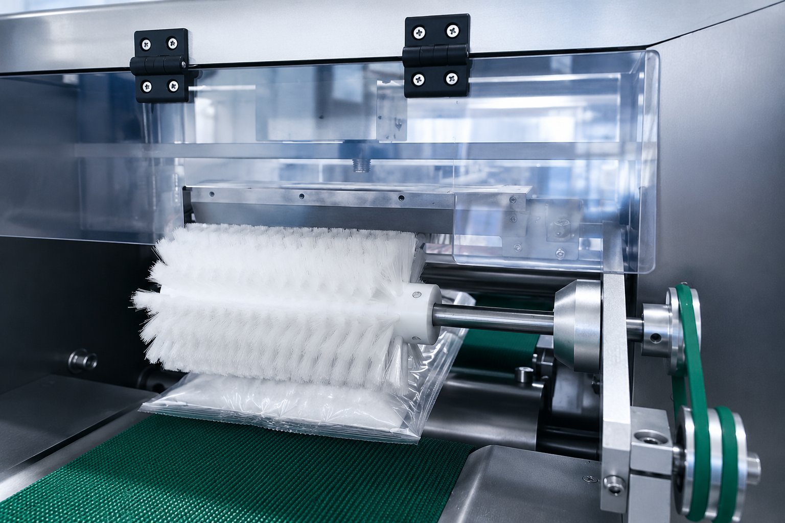 Cylinder brush for label wipe-down in a packaging machine