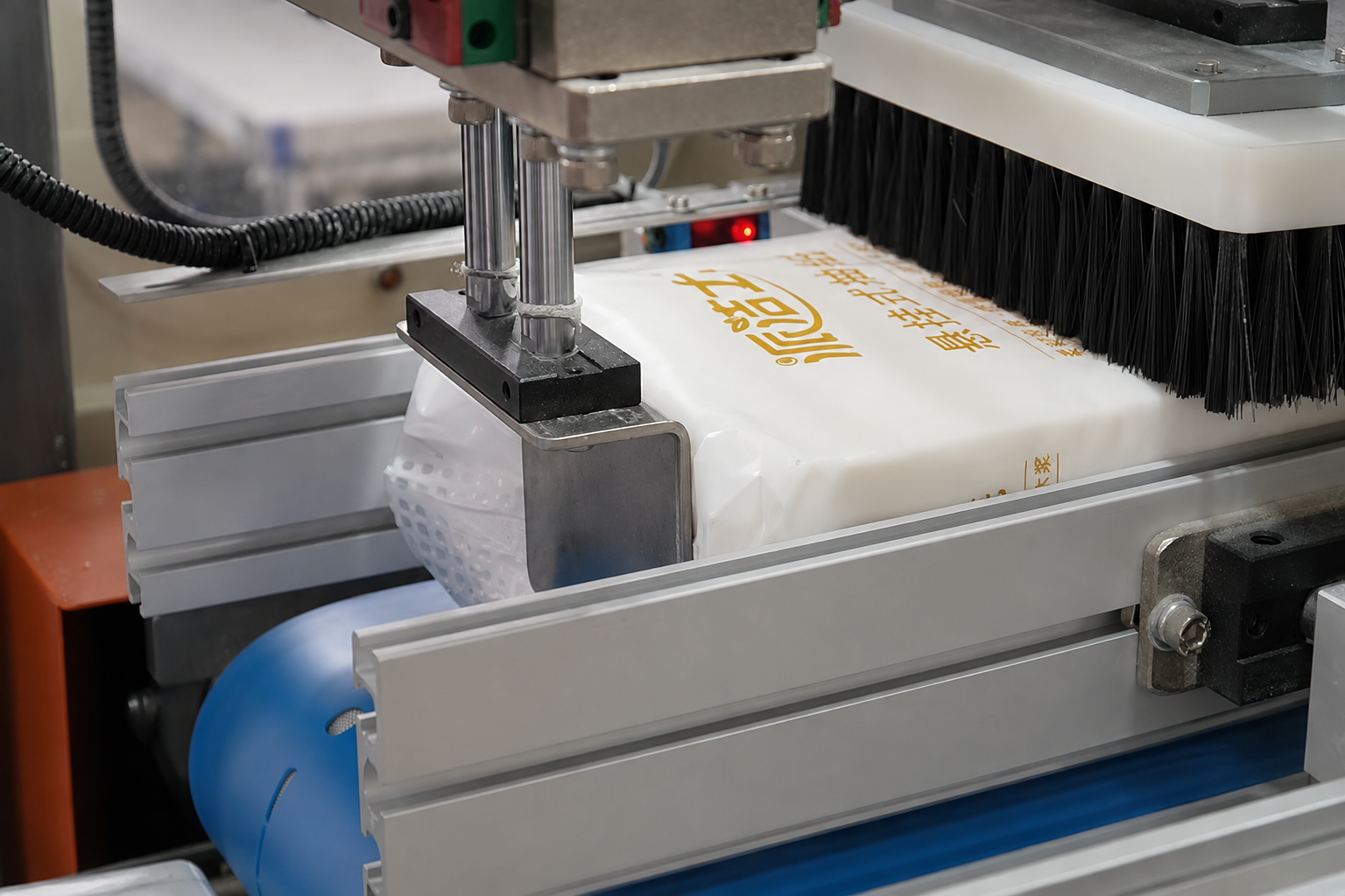 Panel brush providing controlled top contact on wrapped packages