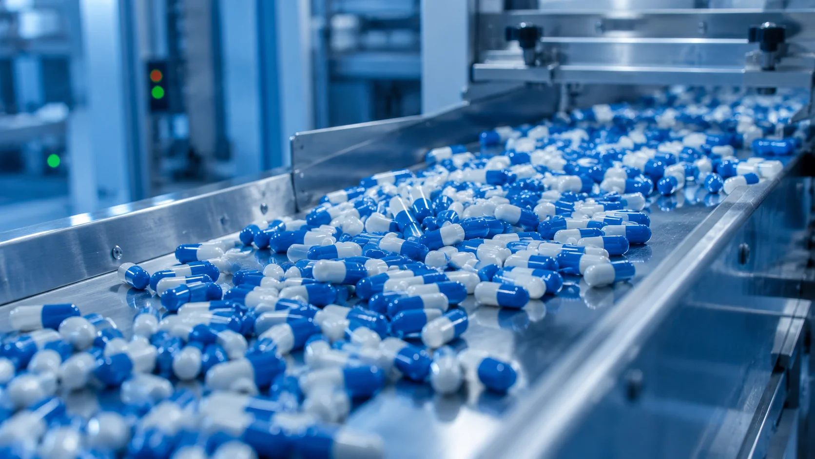 Pharmaceutical capsule handling on a controlled conveyor line