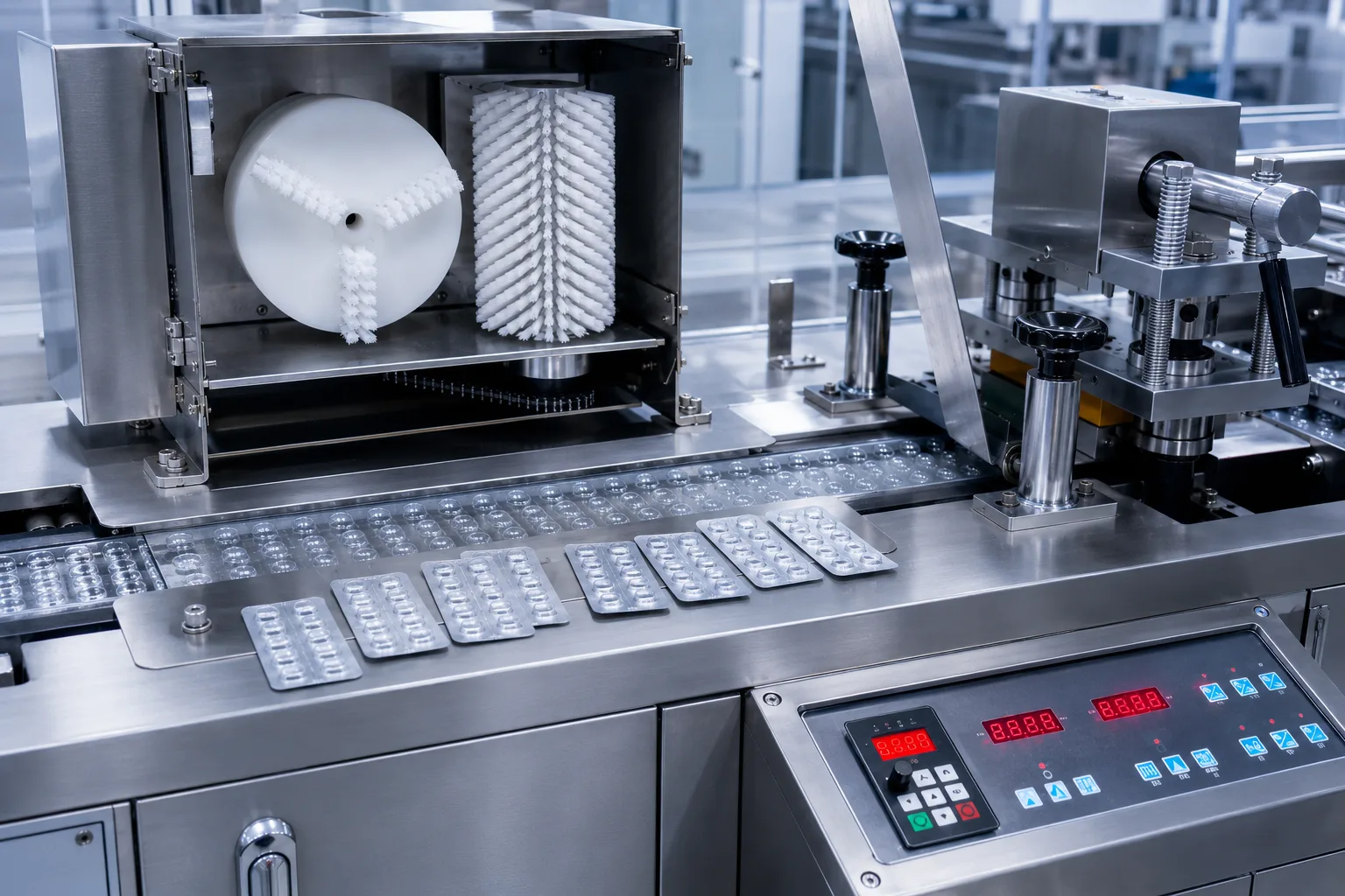 Industrial roller brush supporting controlled contact on pharmaceutical packaging equipment