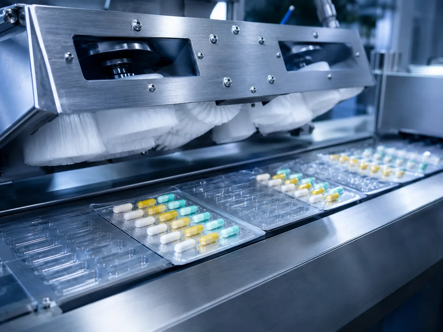 Roller brush for blister, bottle, and pharmaceutical packaging lines