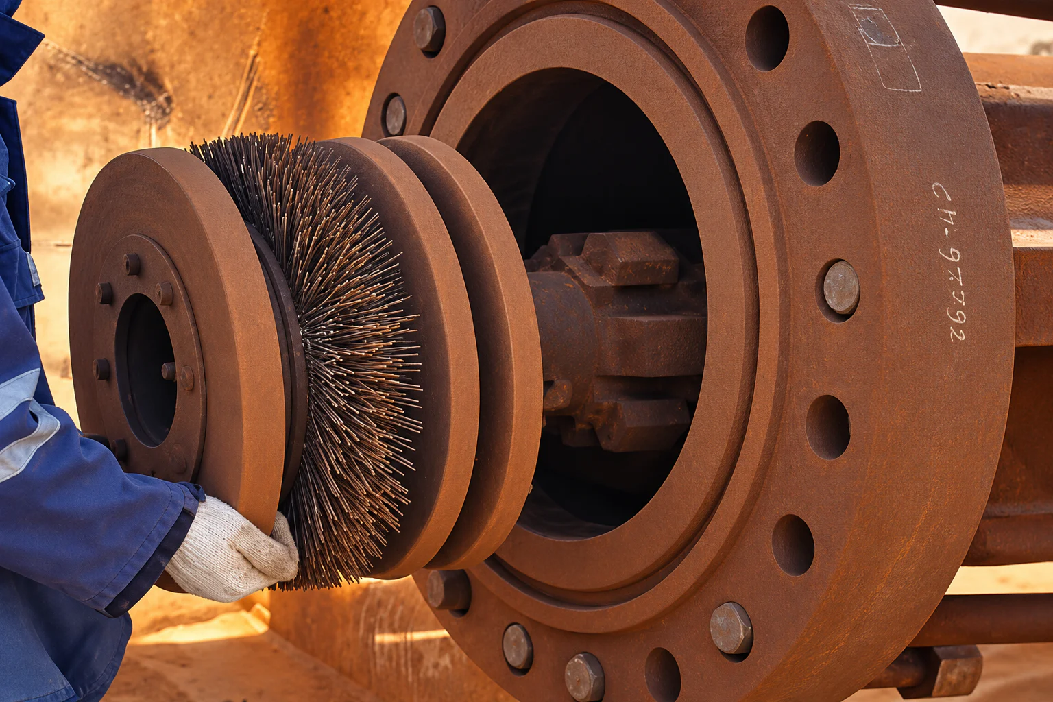 Worker positioning a steel wire brush pig at a large pipeline opening