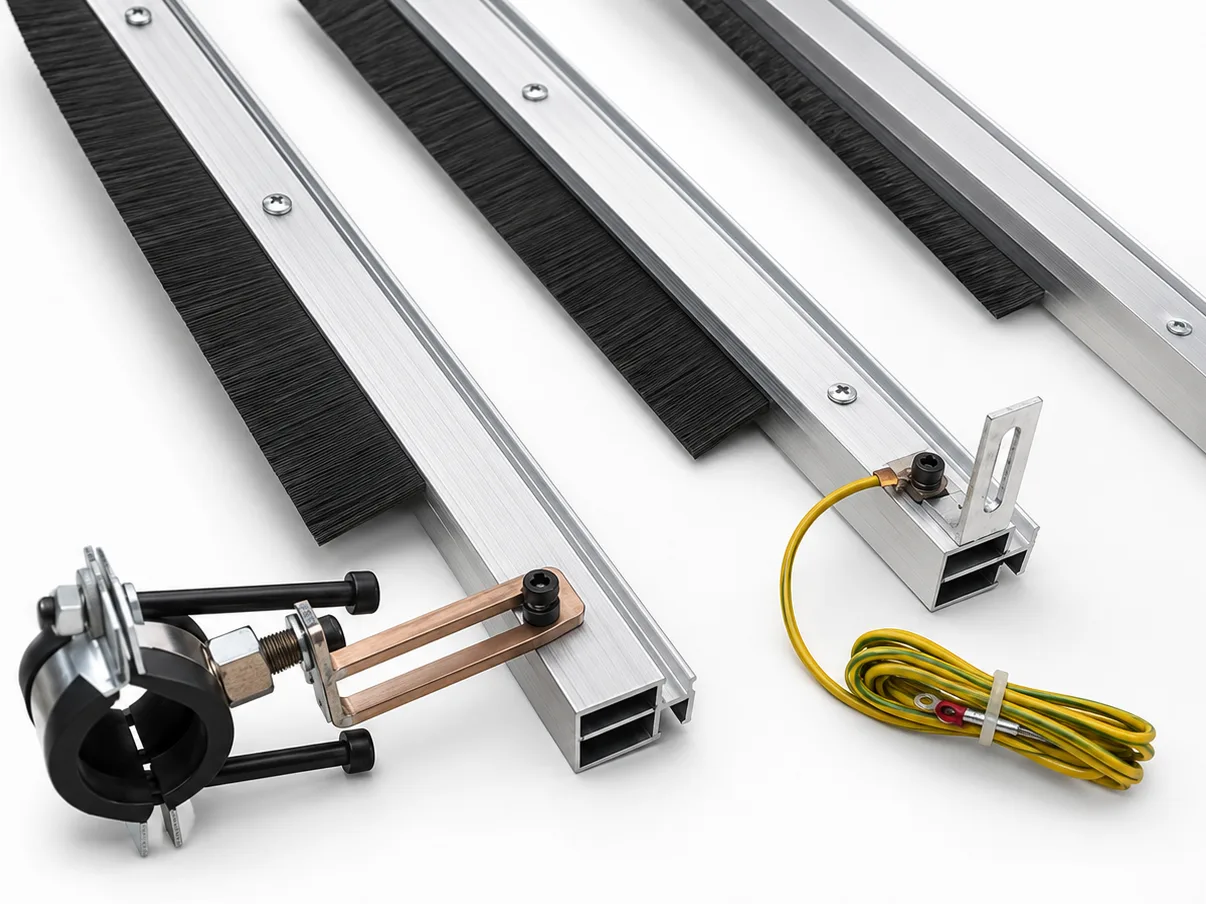 Carbon-fiber anti-static strip brush for semiconductor equipment openings