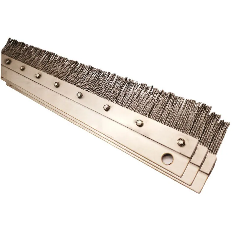 Conductive strip brush with metal backing for semiconductor equipment openings