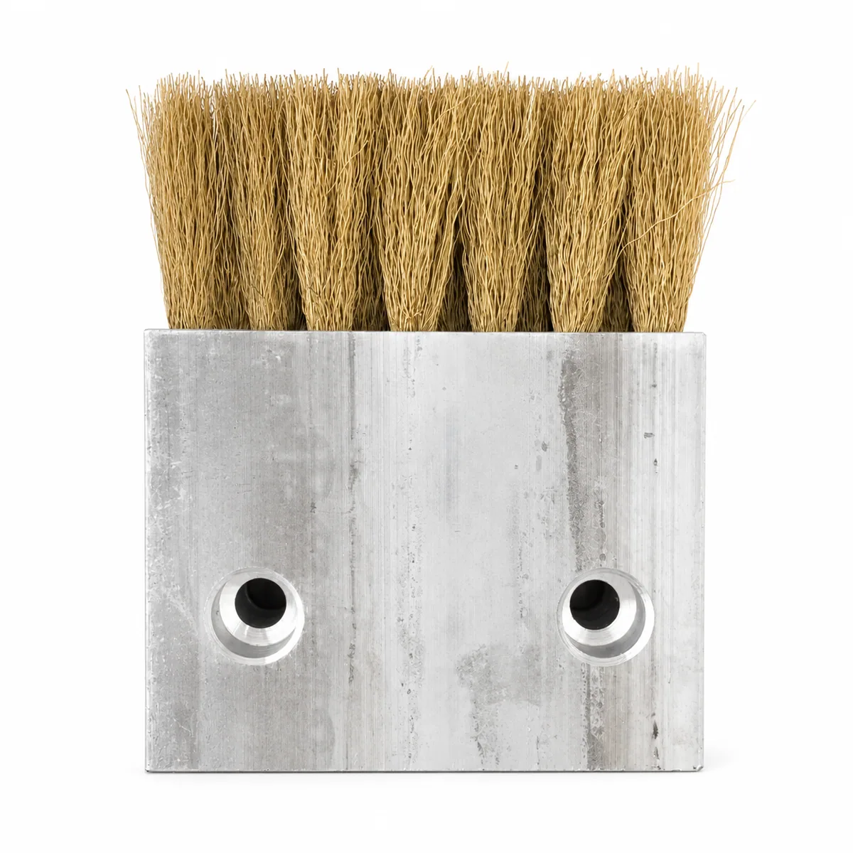 Conductive strip brush mounting block with drilled holes for equipment fit