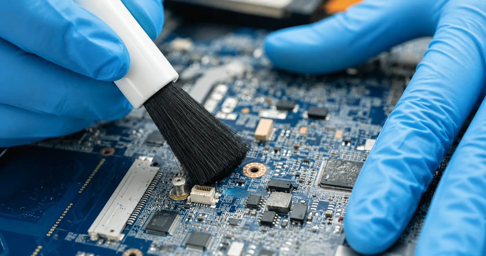 ESD-controlled cleaning brush removing particles from a PCB workstation
