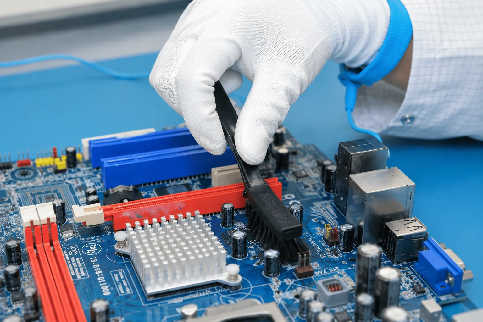 ESD brush used on a PCB workstation for electronics cleaning review