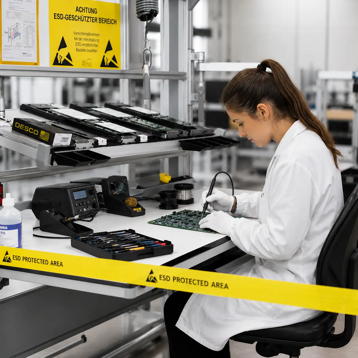 ESD protected electronics workstation for semiconductor equipment brush review