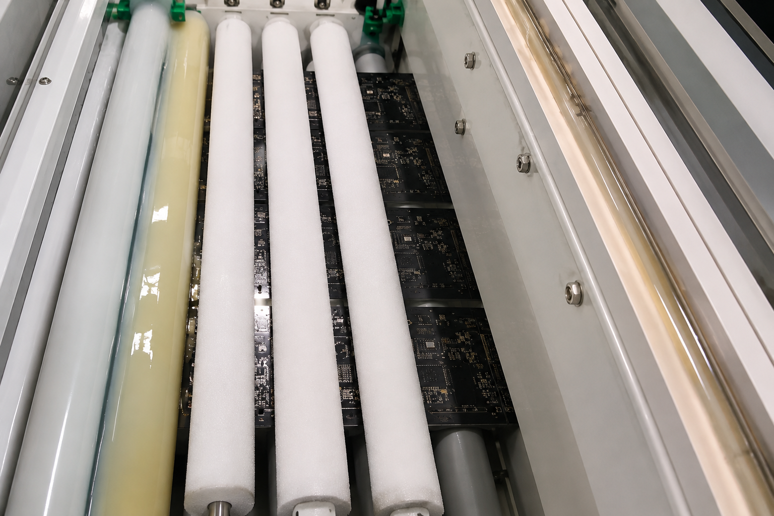 Industrial sponge rollers removing water from a PCB and electronic substrate cleaning process