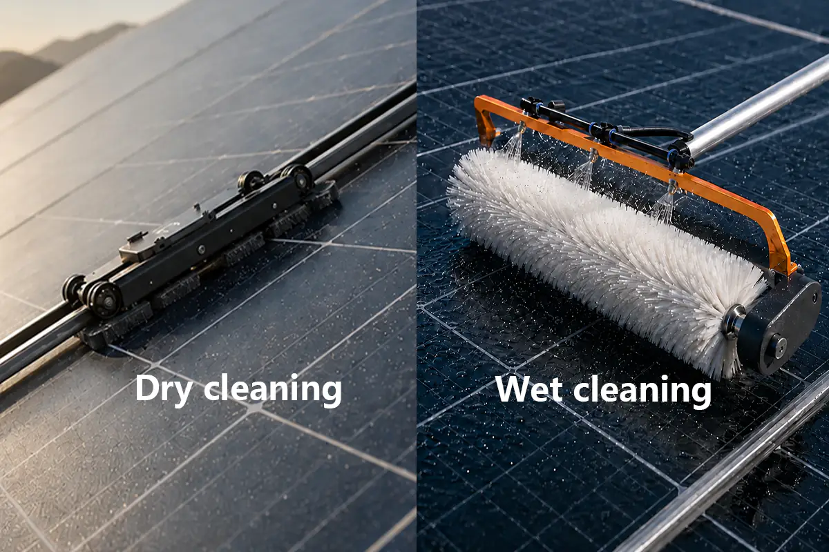 Side-by-side dry and wet solar panel cleaning brush methods on photovoltaic panels