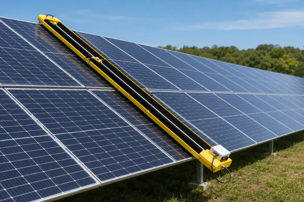 Installed automatic solar panel cleaning system with a long rotating brush