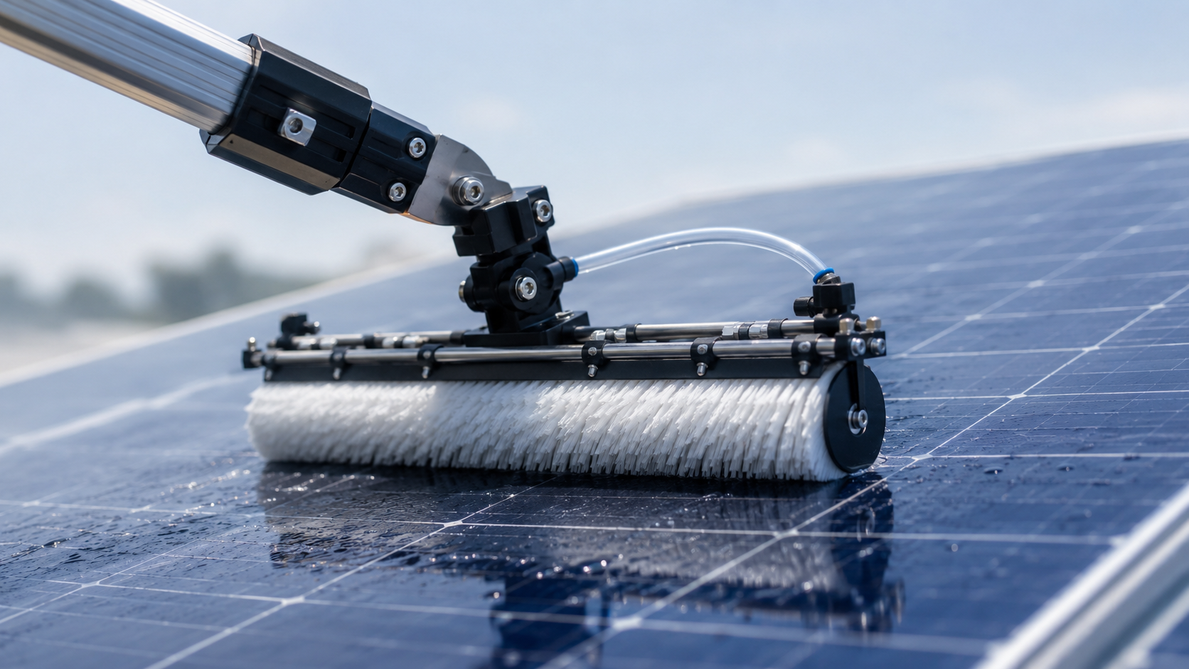 Cylinder brush on a mountable pole tool for solar panel cleaning