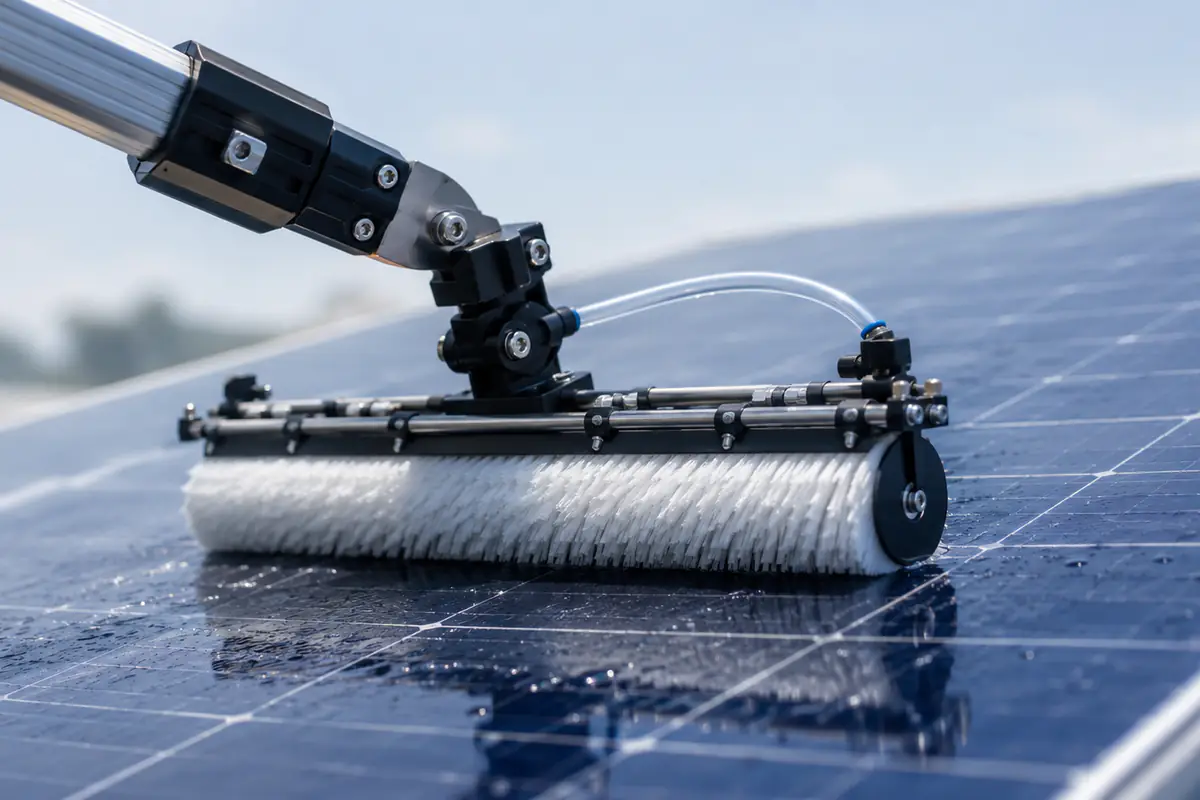 Manual pole tool with a cylinder brush cleaning a solar panel