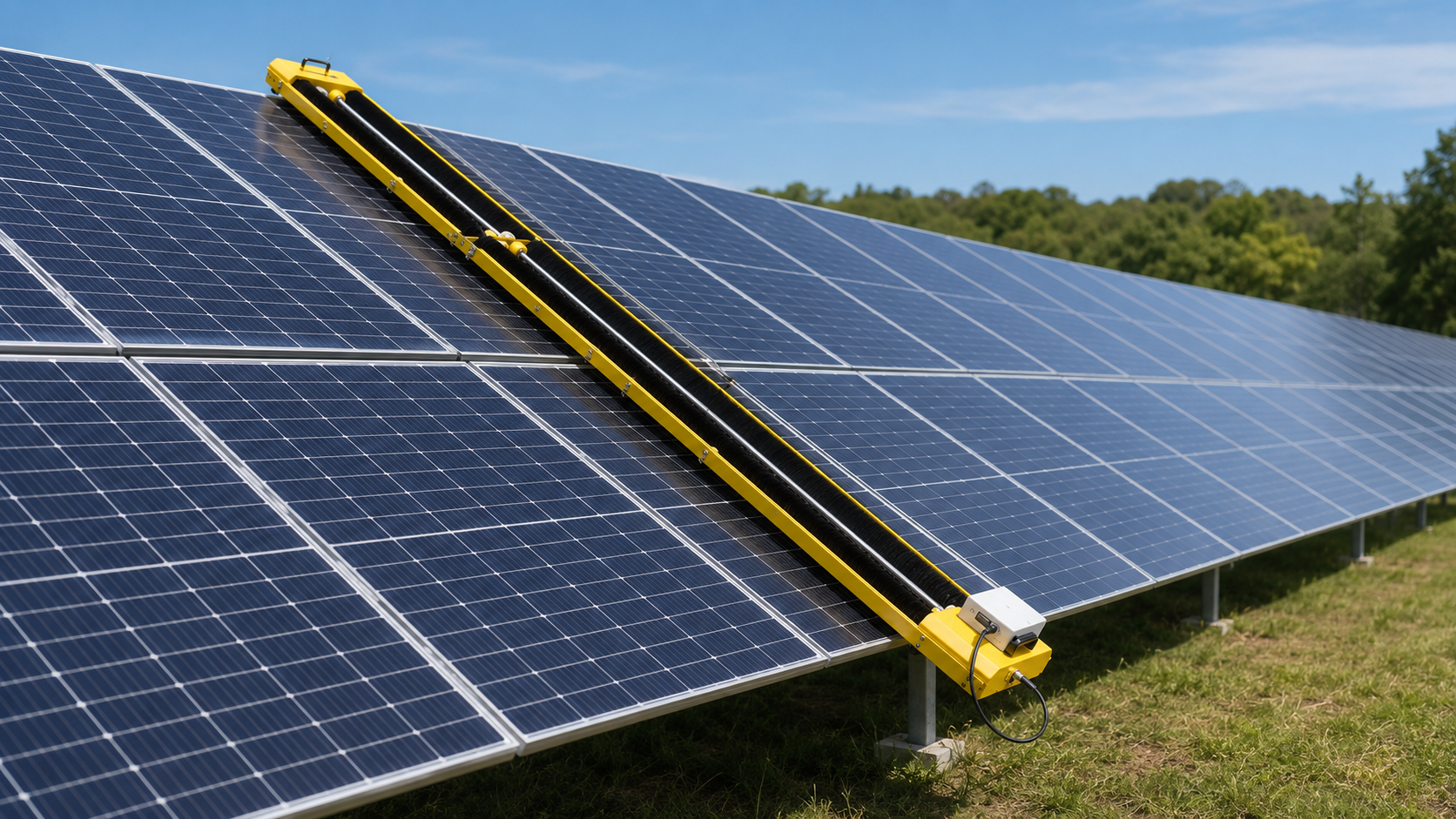 Rail-mounted and fixed solar panel cleaning system
