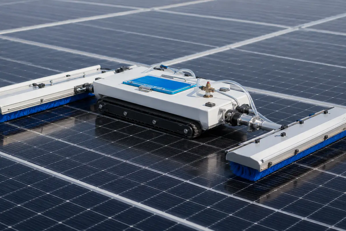 Robotic solar panel cleaner using brush assemblies on a panel surface