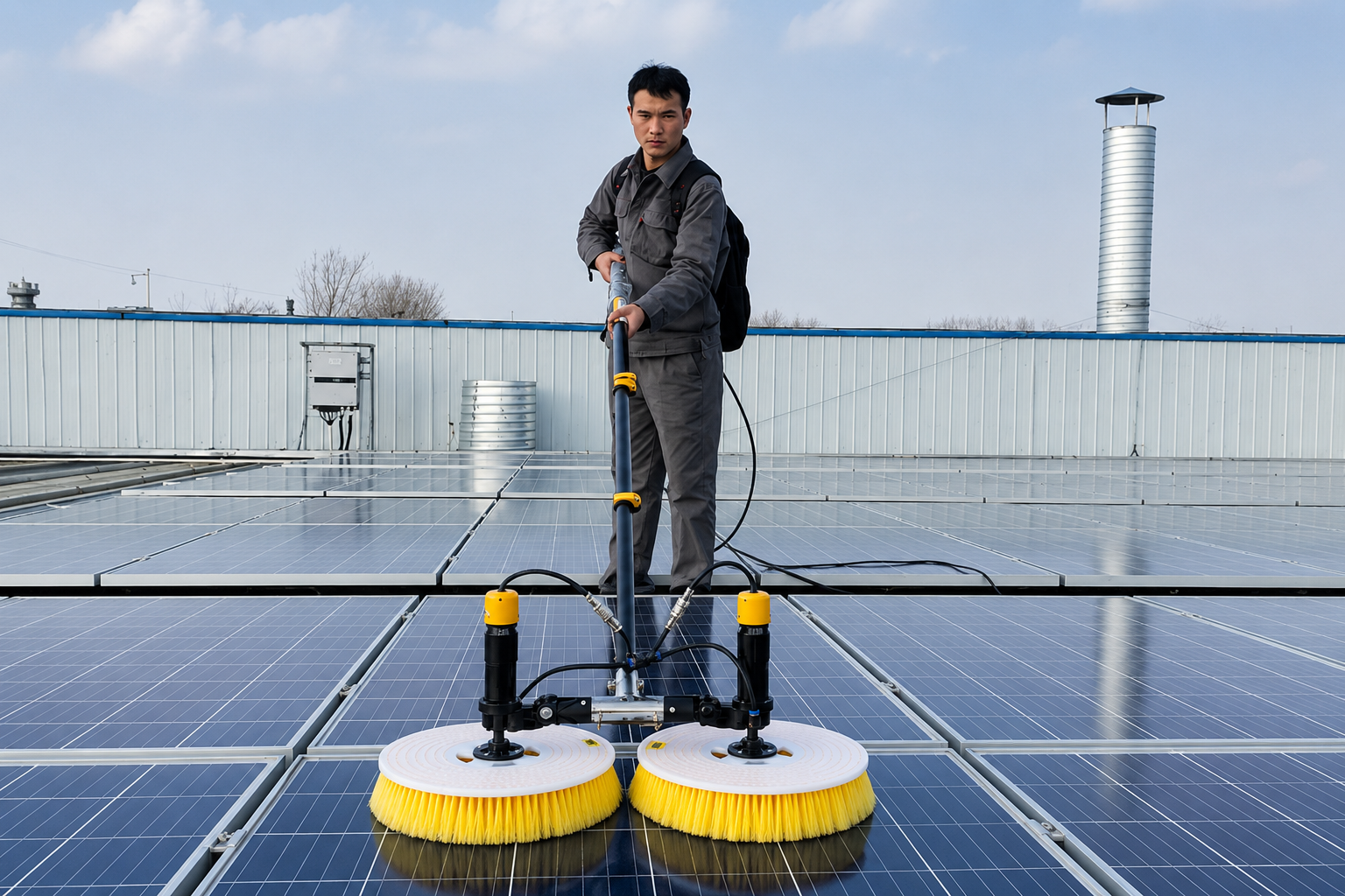 Solar energy panel disc brush application
