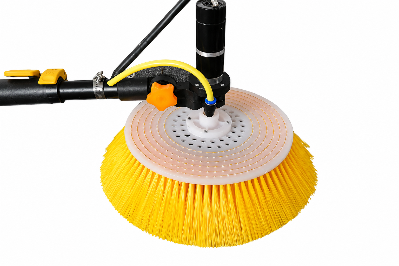 Rotating disc brush for solar panel cleaning equipment