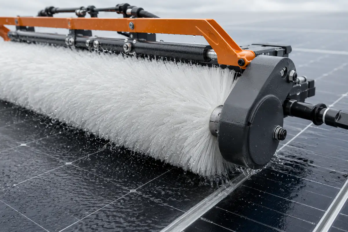 White synthetic solar panel cleaning brush filaments in a wet cleaning system