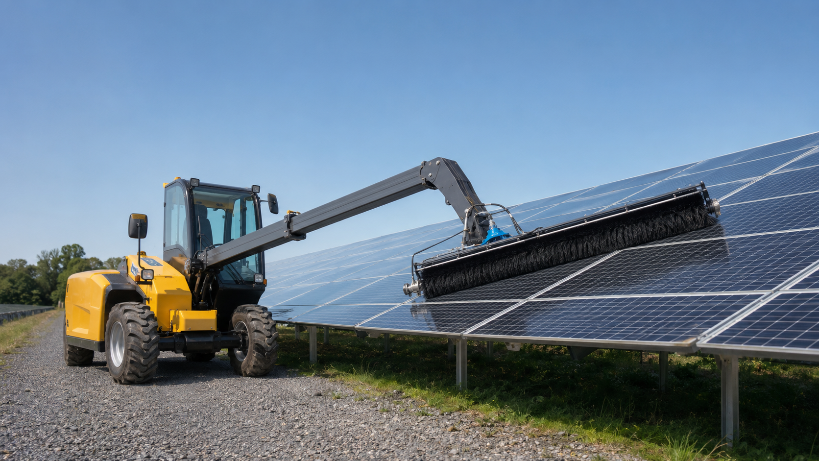 Vehicle-mounted arm with a long solar panel cleaning brush