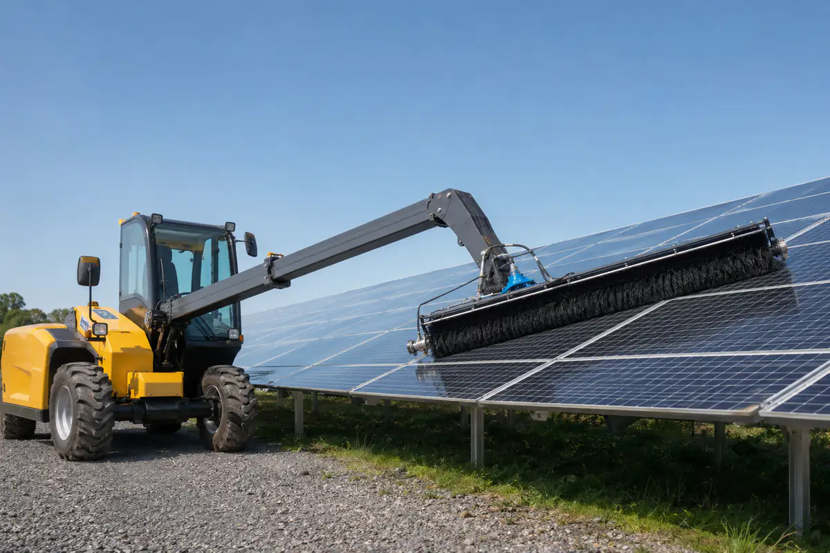 Truck-mounted cleaning arm with a long roller brush on a solar panel array