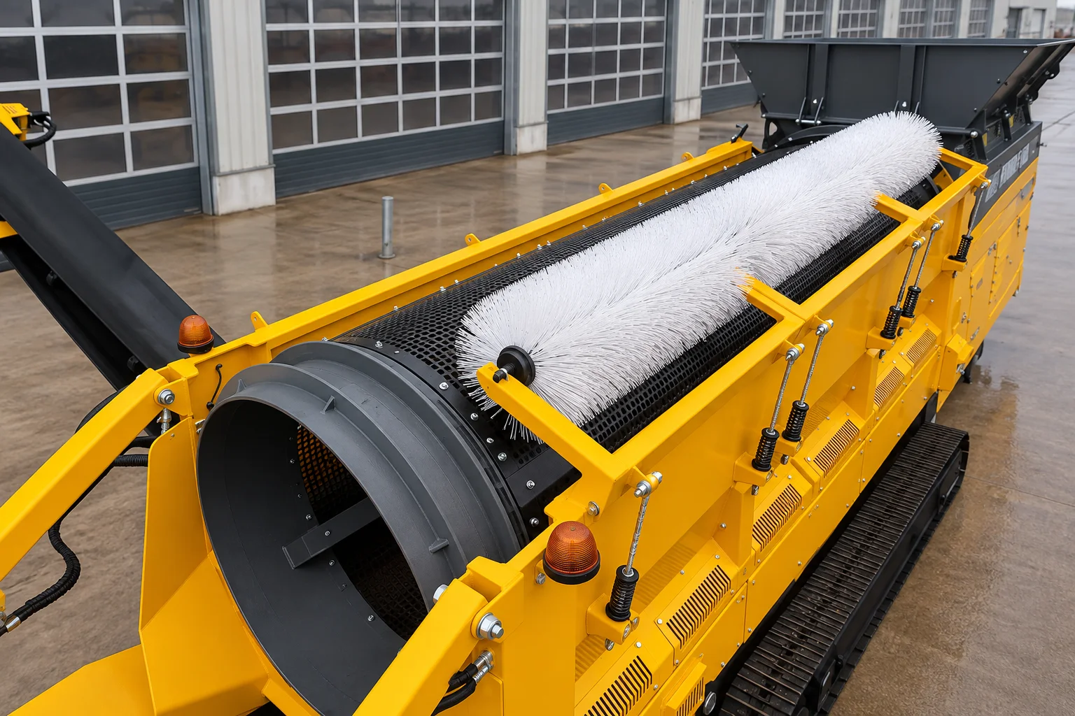 White cleaning brush installed on a mobile trommel screen