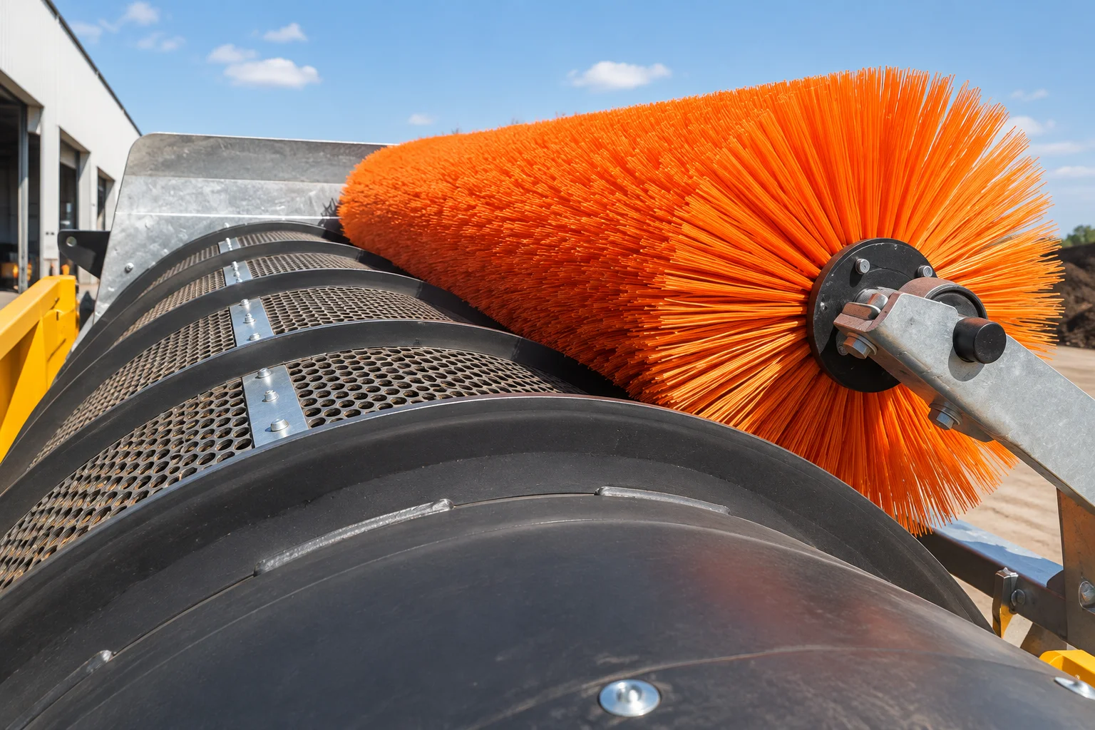 Trommel screen cleaning brush contacting the perforated screen drum