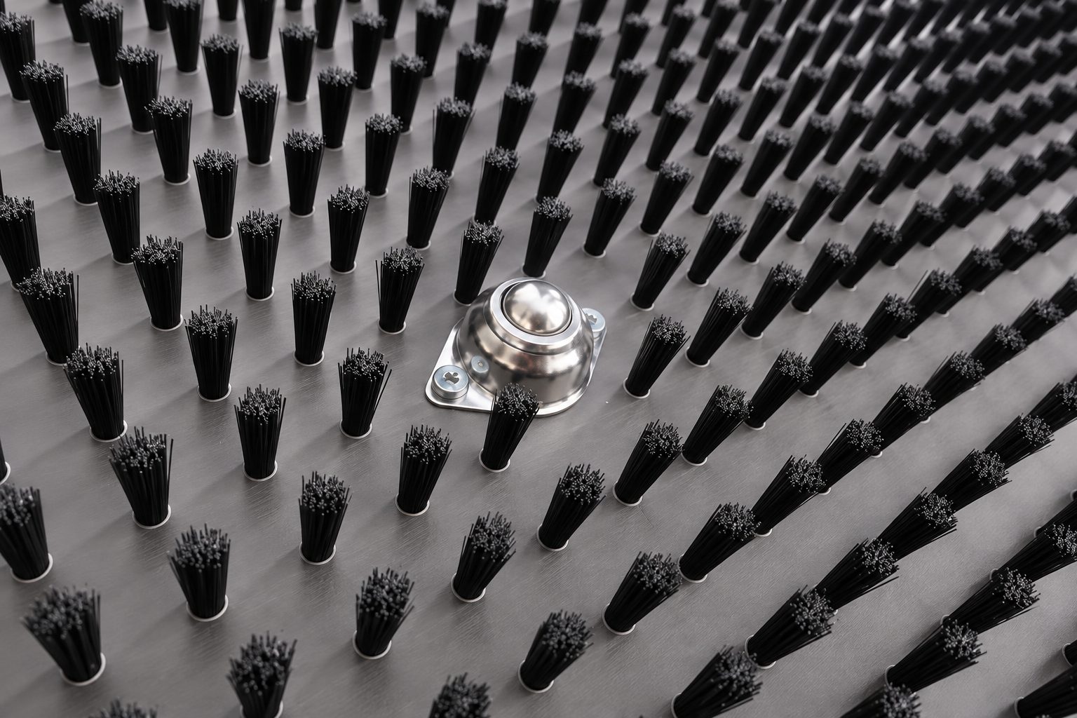 Close-up of turret punch brush panel tufts and mounting hardware