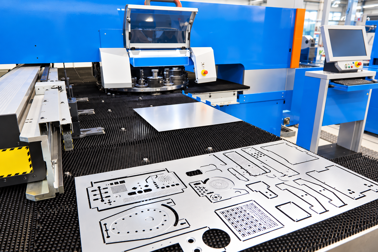 Brush table panels supporting sheet metal on a CNC turret punch table