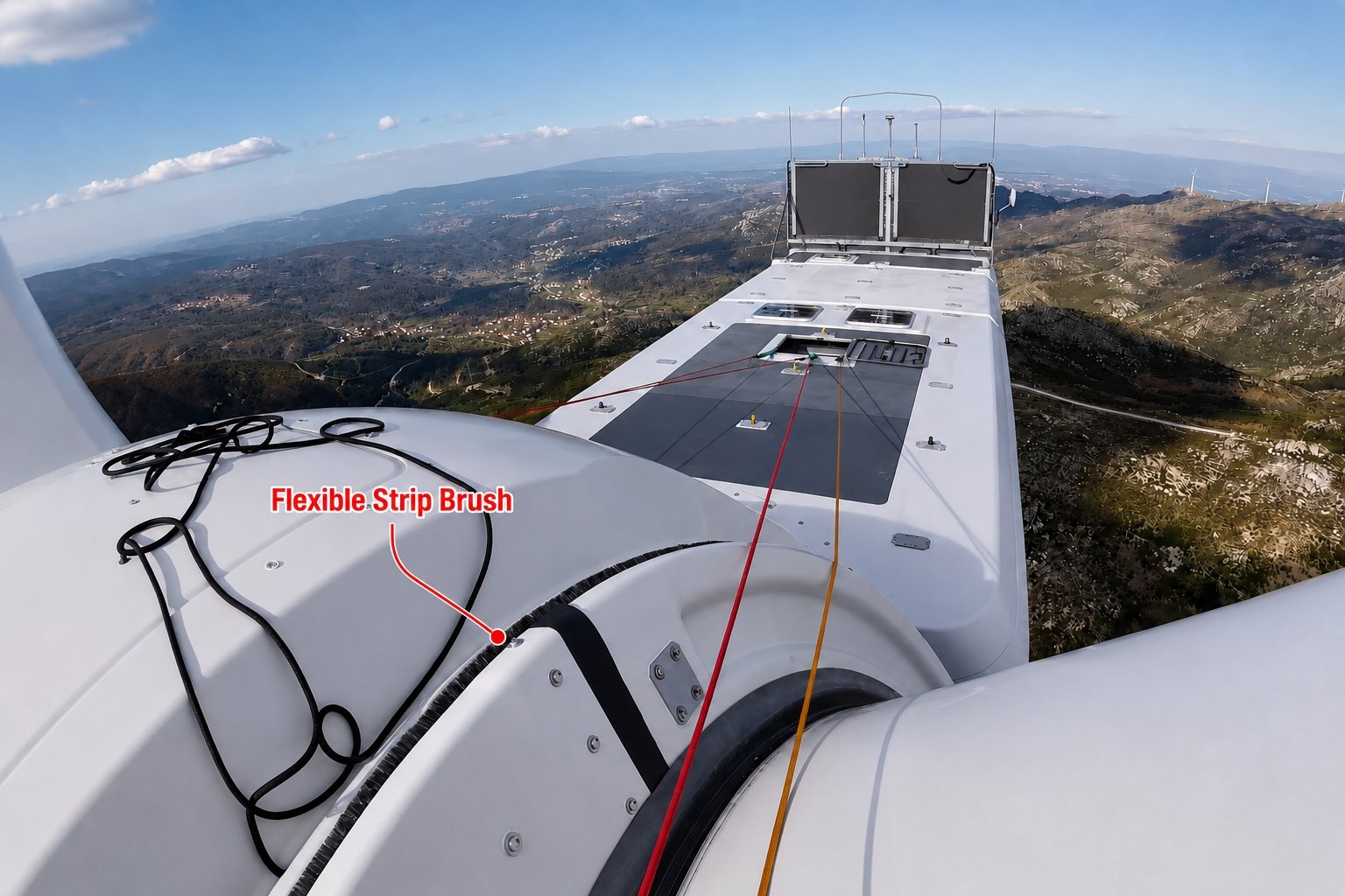 Flexible strip brush installed around a wind turbine nacelle opening during construction