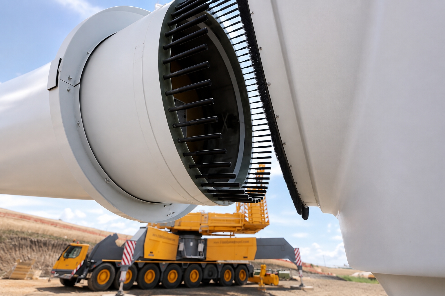 Flexible strip brush installed at a wind turbine joint during turbine construction