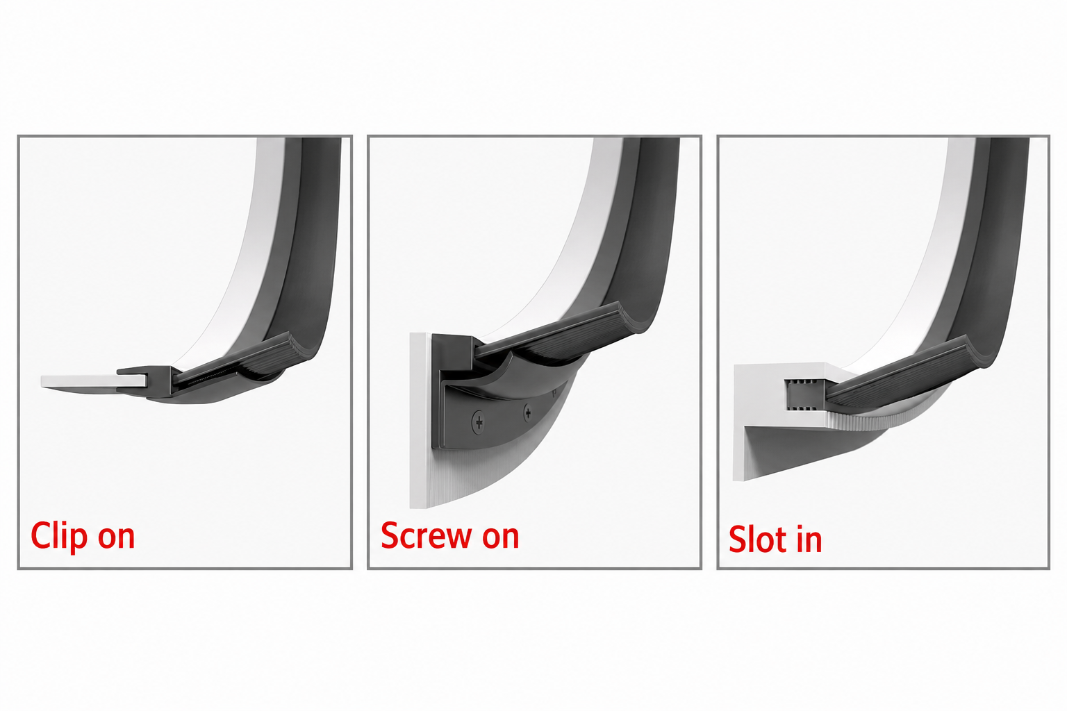 Clip-on, screw-on, and slot-in flexible strip brush installation options for wind equipment