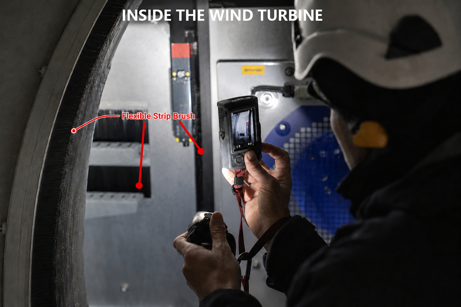 Technician inspecting flexible strip brush seals inside a wind turbine