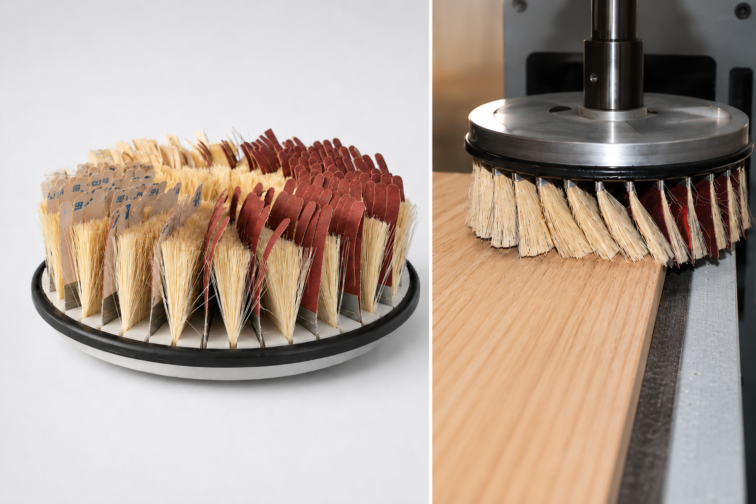Tampico and sandpaper mixed disc brush sanding a wood panel in woodworking equipment