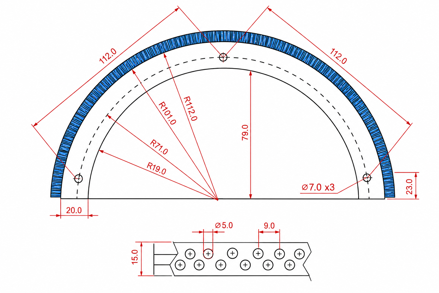Arc lath brush drawing example with radius and mounting-hole dimensions