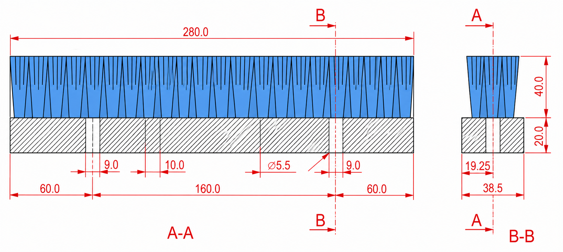 Straight lath brush drawing example with base, hole, and trim dimensions