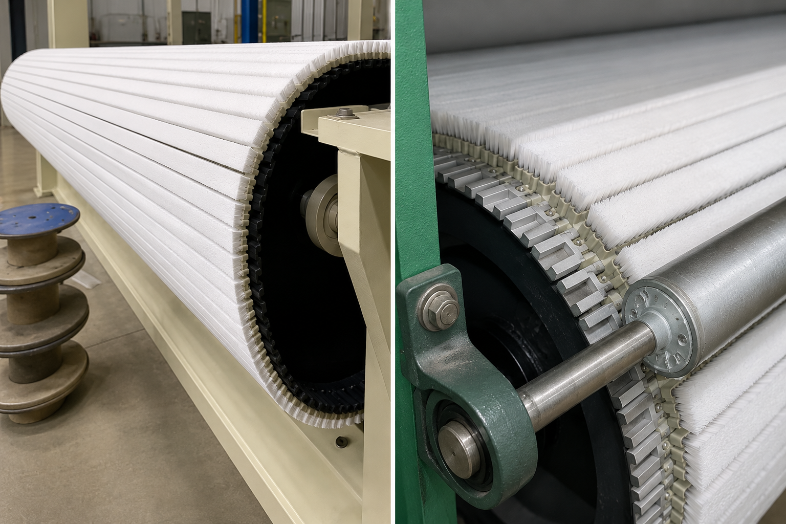 Segmented lath brushes installed on textile needle loom equipment
