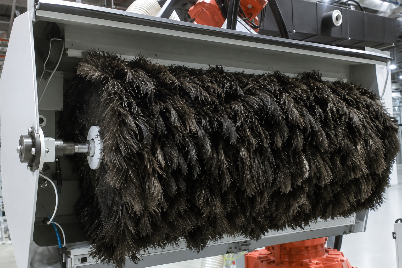 Custom ostrich feather roller brush installed in an automotive paint-line cleaning station